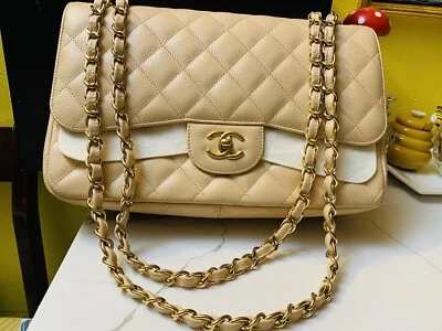 香奈儿鱼子酱绗缝米色超大双翻盖手提包 – 100% 正品带盒 — 第 1/4 张图片