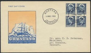 GROENLANDIA. FDC 1953 1 de diciembre. 30 Øre azul Frederik IX, bloque de 4 (PK1284) - Imagen 1 de 1