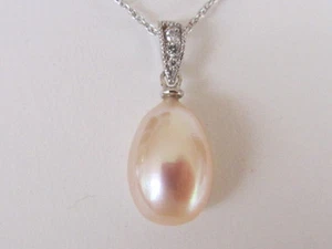 14k. White Gold Fresh Water Cultured Drop Shape Pearl & Diamond Pendant, New - Picture 1 of 10