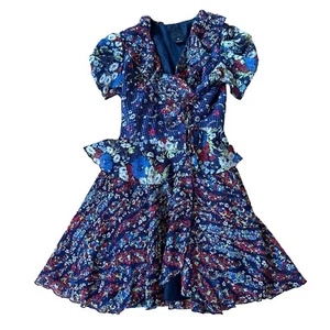 Anna Sui Women's Silk Blend Fairy Wrap Dress Navy Floral Cottage Core Size 8 - Picture 1 of 17