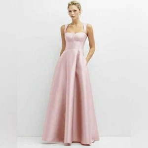 ALFRED SUNG Bustier Satin Maxi Dress Size 4 Ballet Pink Pockets Formal Prom Bow - Picture 1 of 11