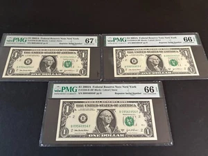 Three consecutive Repeater Serial Number 2003A $1 New York FRN Fr1930B PMG 67/66 - Picture 1 of 5