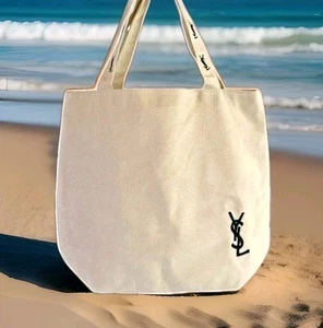 YSL Beige Canvas Tote with Black Embroidered Logo ~ New - Picture 1 of 6
