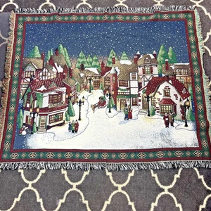 Vintage Chatham Weihnachten Winter Schnee Dorf Überwurf Royal Wandteppich Baumwolle USA - Bild 1 von 7