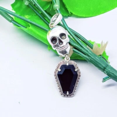 Skull Coffin Pendant, Black Onyx Gemstone 925 Sterling Silver Handmade Pendant. - Image 1 of 4