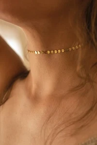 Dainty Gold 14K Disc Circle Choker, Minimal Coin Layered Gold Bead Boho Necklace - Picture 1 of 6