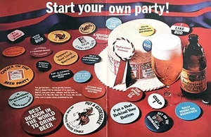 Budweiser Beer Buttons 1968 foto "Comienza tu propia fiesta" anuncio impreso vintage de 2 páginas - Imagen 1 de 1