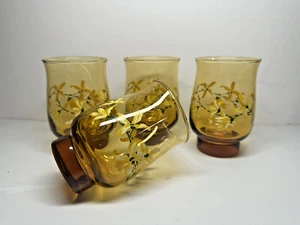 Vintage LIBBEY FORSYTHIA Flowers Amber Glass Yellow Footed Tumblers Water 12 oz - Picture 1 of 10
