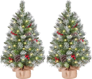 Set of 2 Pre-Lit Artificial Mini Christmas Tree, 3Ft Frosted Tabletop Small Chri - Picture 1 of 9