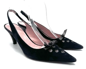 Marc Jacobs 11 41 Slingback Dress Pump Black Suede Metallic Bow Mid Heel Italy - Picture 1 of 9