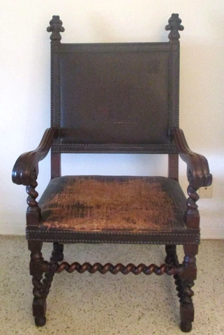 Bobbin Turned Walnut Armchair Leather Upholstery, Ship Embossed Back, Nail Head Cover