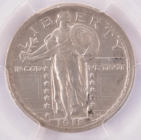 PCGS 25c 1918 Standing Quarter Double-Struck In Collar AU Cover