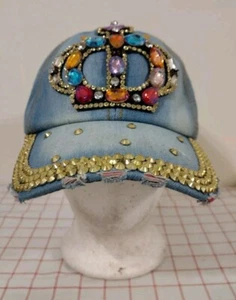 Cappello berretto jeans blu corona blu donna regolabile paillettes abbagliato bling skater - Foto 1 di 6