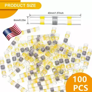 100Pcs 12-10 Gauge Solder Seal Wire Connectors Heat Shrink Butt Terminals Yellow - Foto 1 di 12