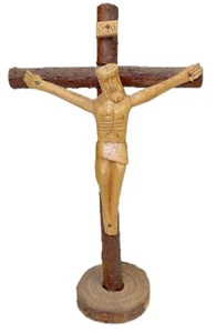 Carved Wood Table Crucifix Primitive Rustic Jesus on Cross Folk Art Figurine - Picture 1 of 7