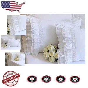 White King Pillow Shams 20x36 Egypt Cotton Decorative Ruffle Lace - Picture 1 of 10