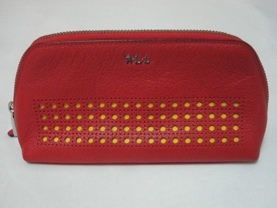 Lauren Ralph Lauren Leighton Cosmetic Makeup Bag | Red Leather Zip Pouch - Image 1 of 4