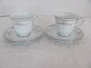 Noritake Veranda 3015-Floral w Platinum Trim- 2 Cups & 2 Saucers - Picture 1 of 9