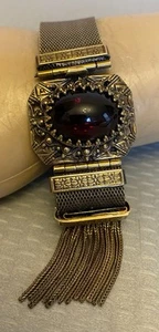 Victorian Antique Goldfilled Bracelet Mesh Granat Carbuncle Jeweled Slide Tassel - Bild 1 von 16