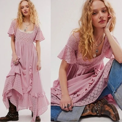 Free People Ethereal Bohemian Bring The Romance Midi Maxi Dress Blush Pink Large - Image 1 of 4