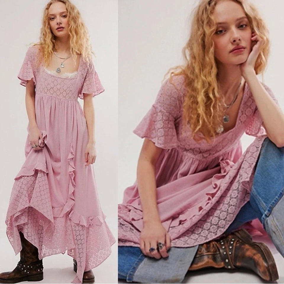 Maxi Vestido Free People Ethereal Bohemio Bring The Romance Midi Rosa Rubor Grande Foto 1 de 4