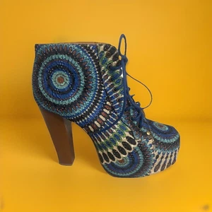 Embroidered Abstract Tapestry Platform Wooden Heel Ankle Boots Blue & Tan SZ 11 - Picture 1 of 9