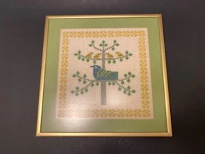 Handmade Vintage Cross Stitch Picture Birds in Tree Professionally Framed 9"x9'' - Picture 1 of 8