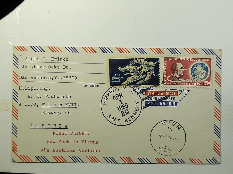1962 First Flight AUA Austrian Airlines New York to Vienna Austria Airmail Cover - Image 1 of 2
