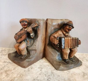 Anri High Black Forest Bookends Men w/ Musical Instruments 5 1/2" Made in Italy - Picture 1 of 10