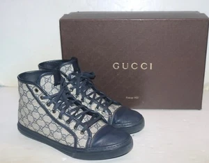 Gucci Beige & Navy Blue GG Supreme Canvas Hi Top Sneakers Size 9.5 - Picture 1 of 13