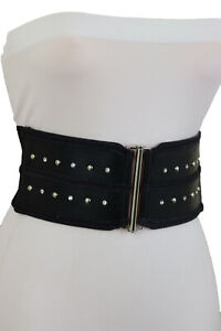 Women Black Faux Leather Wide Elastic Belt Silver Color Metal Studs Buckle S M