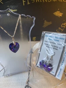 NWT Purple & Blue SWAROVSKI Crystal Heart Necklace & Earring Set 16" .925 Chain - Picture 1 of 14