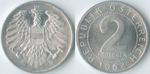 Austria 1962 2 Groschen KM# 2876 Al-Mg Second Republic Coat of Arms Eagle Value - Picture 1 of 3