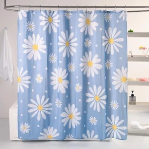 Blue Floral Shower Curtain Set Cute Daisy Bathroom Curtain Washable Waterproo... - Picture 1 of 6