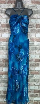 Vintage Y2K Cache Silk Floral Gown Size 2 Blue Criss Cross Halter Made In USA - Image 1 of 4