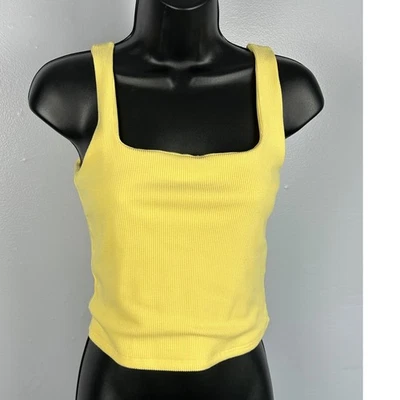 Camiseta sin mangas acanalada amarilla para mujer cuello cuadrado mediano sin mangas informal talla S/M Foto 1 de 4