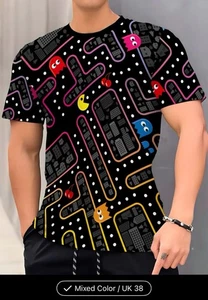 Retro Gaming Pac-Man Inspired Black And Multicoloured Crew Neck T-shirt Medium - Picture 1 of 3