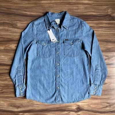 Camisa Lee Mujer Pequeña Azul Perla A Presión Calce Regular Manga Larga Western Denim NUEVA Foto 1 de 4