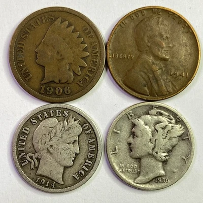 Lote de monedas de Estados Unidos cabeza india-penique Lincoln-barbero de plata y monedas de diez centavos de mercurio de plata Foto 1 de 2