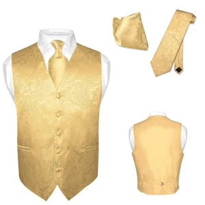 Men's Dress VEST NeckTie for Suit Tuxedo GOLD Color PAISLEY Design Tie Hanky 2XL - Picture 1 of 3