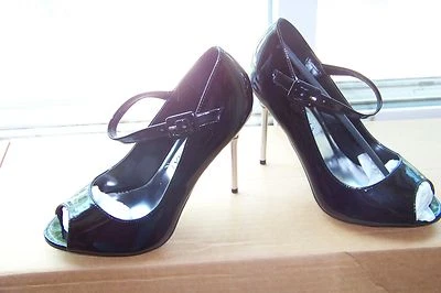 womens lasonia black patent open toe mary jane silver heels shoes size 6 - Image 1 of 2