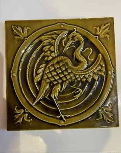Giliot & Cie Green Prancing Stork Ceramic Antique Art Nouveau Belgian Tile c1900 - Picture 1 of 3