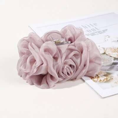 Grampos de cabelo femininos grandes de chiffon rosa flor laço garra garra⊥ - Imagem 1 de 4
