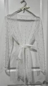 Sheer White Robe Cover-Up One Size Lightweight Mesh with Pearl Embellishment - Picture 1 of 7