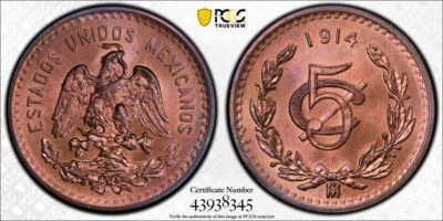 1914 Mo PCGS MS65 RB RED BROWN | MEXICO - Mint State 5 Centavos 5C Coin #39188A - Image 1 of 3