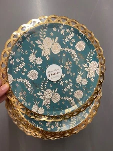 meri meri English garden flower floral dinner paper plates with gold lace trim - Picture 1 of 6