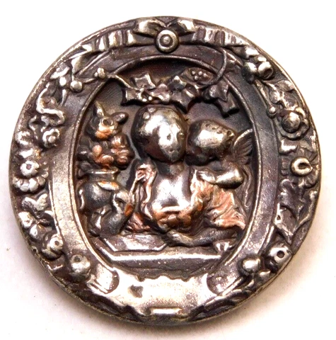 Antique Vtg Picture BUTTON The Letter in Silvered Brass  NICE Cover