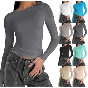Women Crew Neck Basic T-Shirt Tops Long Sleeve Stretch Slim Holiday Solid Blouse - Picture 1 of 48