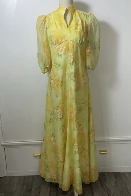 Maxi Vestido Vintage Años 70 Amarillo Floral Hecho a Mano Cottagecore Pradera Mangas Transparentes Foto 1 de 4