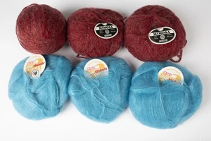 Lot Of 6 Mohair Blend Yarn Balls Burgundy (Parmex) + Blue (Lanas Stop) 50 gr - Picture 1 of 8